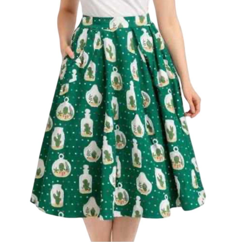 ModCloth x Collectif Green Retro Spring Theodora Cactus Swing Skirt XXS EUC rare